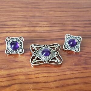 Vintage Silver Tone & Purple Stone Set 💜 Of Brooch & Erring